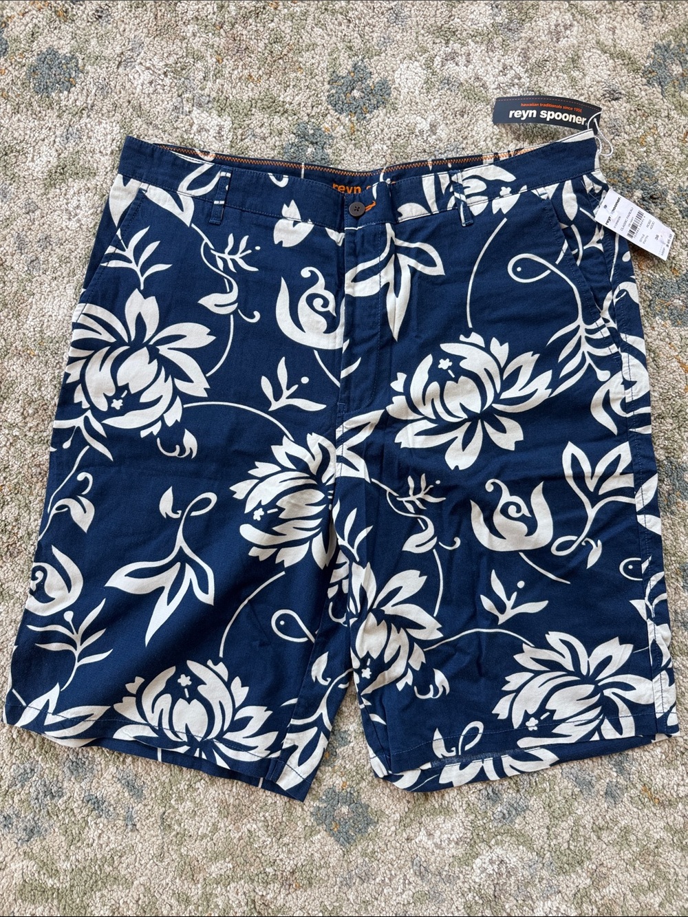 reyn spooner Navy and White Floral Cotton-Blend Shorts 36